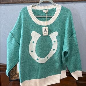 Easel Teal and Cream Horseshoe Sweater